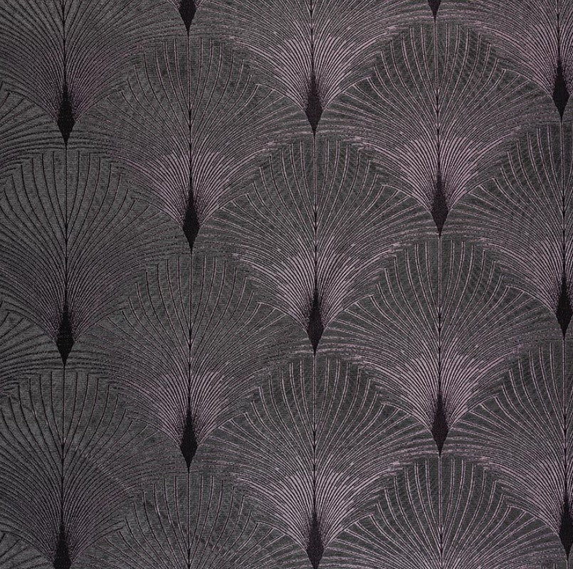 Jazz Albany art deco chenille fabric with intricate silver fan patterns on a dark background, ideal for upholstery and elegant home décor.