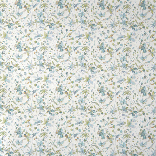 Amble Floral Jacquard Sky fabric with an intricate repeating floral design in pastel hues, ideal for interior decor and upholstery.