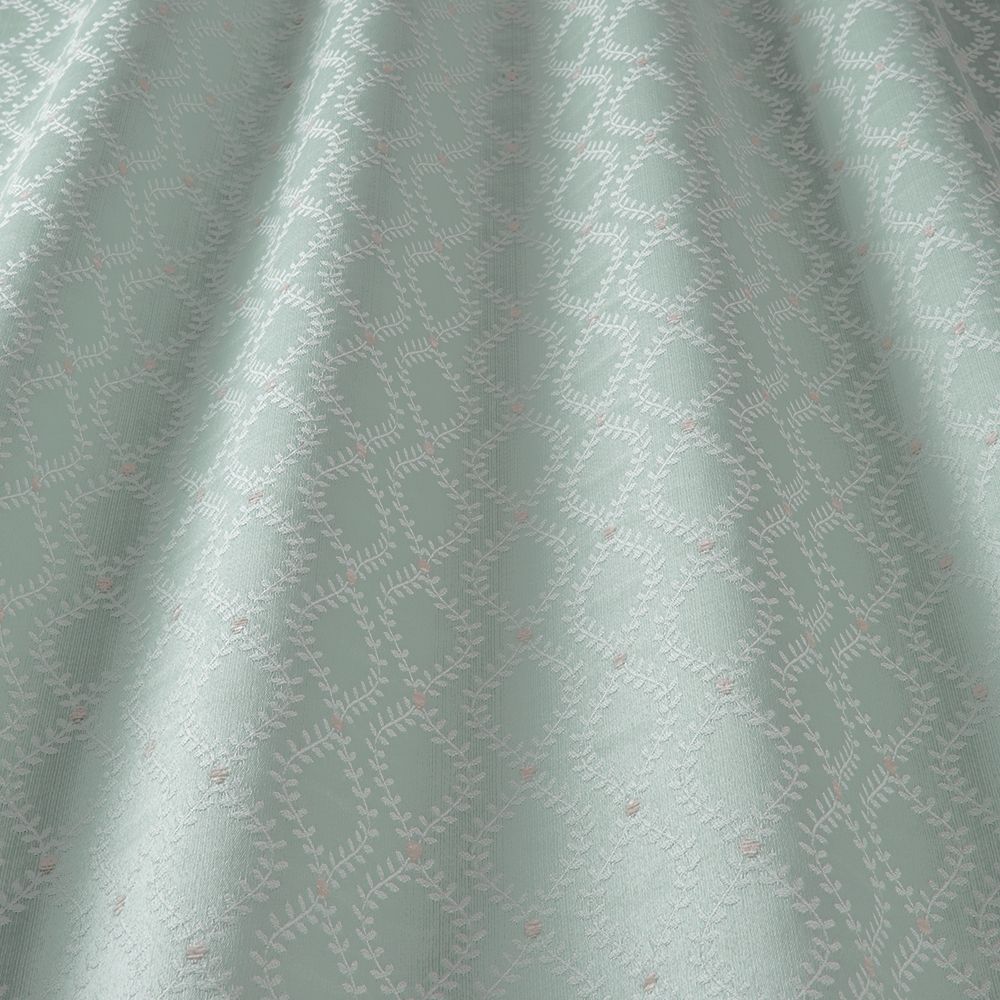 Close-up of Renaissance Antonia Oval Room Blue fabric showcasing intricate trellis and vine details, perfect for crafting and home decor.