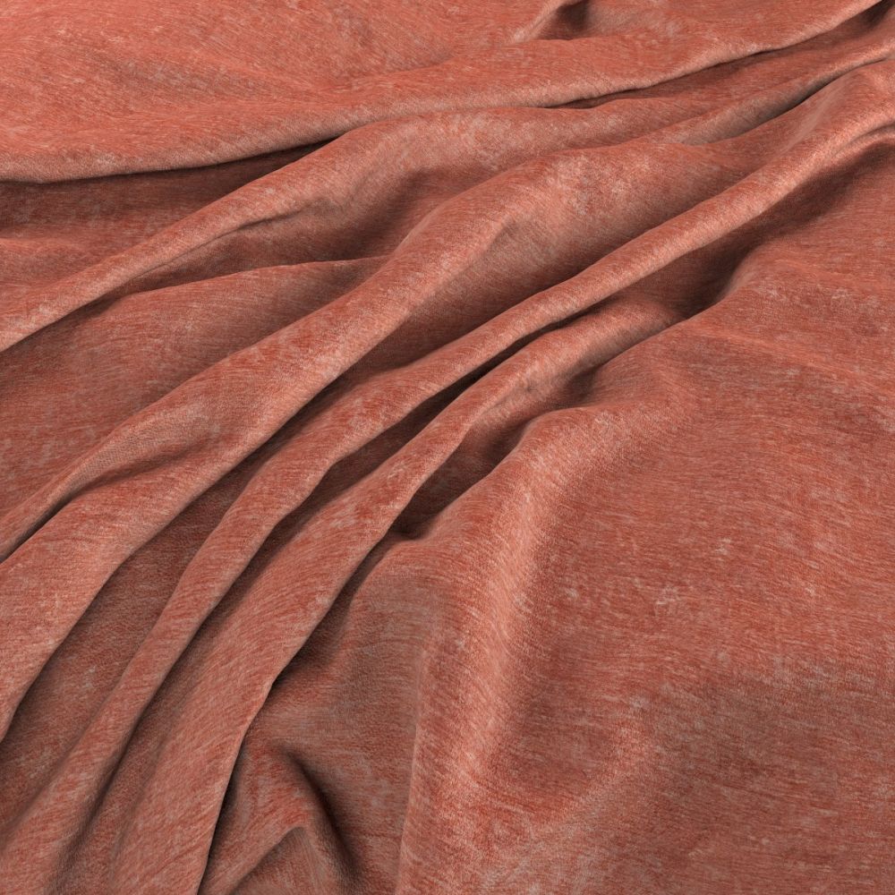 Draped Aurea Chenille Coral fabric showcasing its soft, washable texture and elegant coral colour, perfect for home décor and crafting.