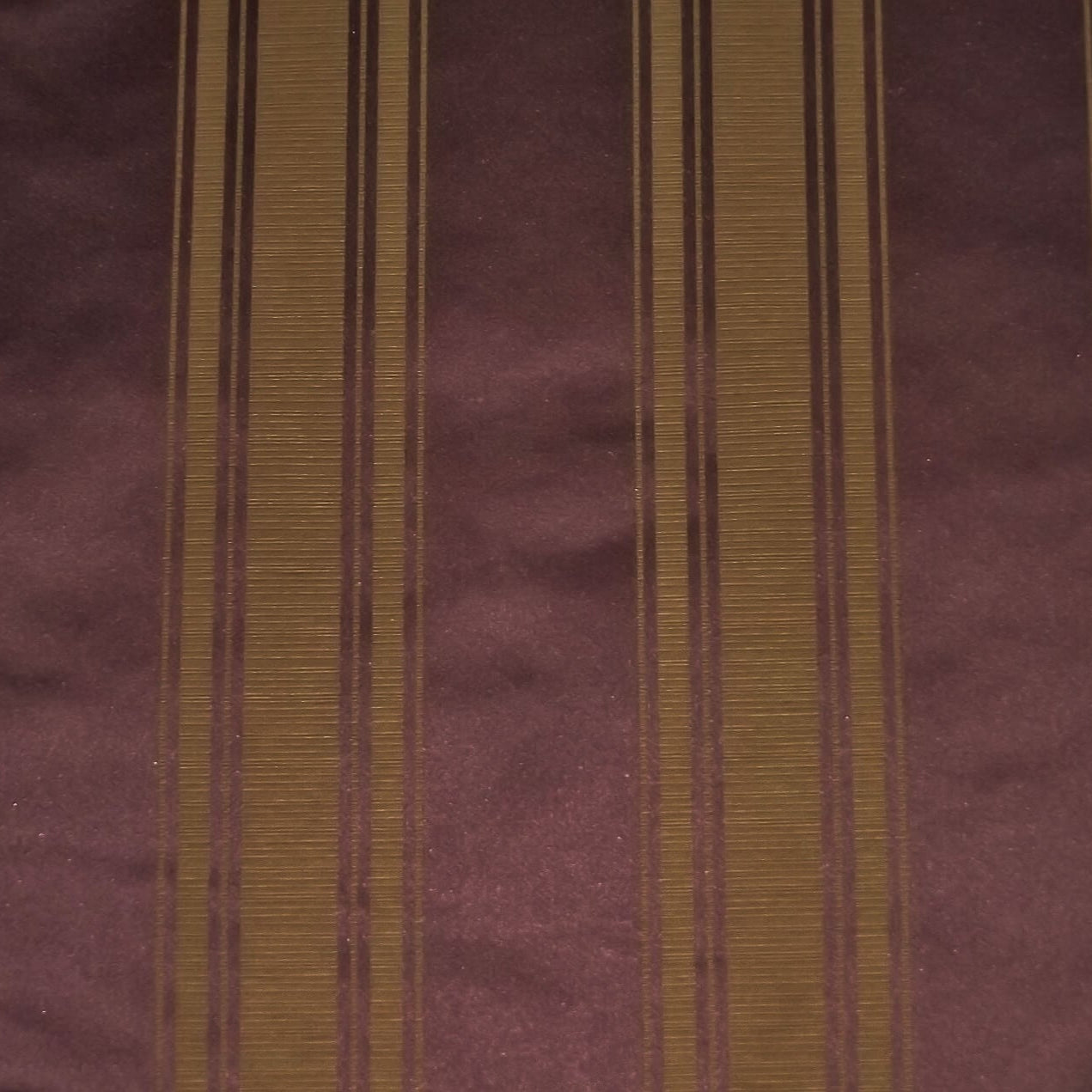 Blenheim Stripe Fabric Damson with gold and purple damask stripe design, ideal for flame-retardant curtains and upholstery.