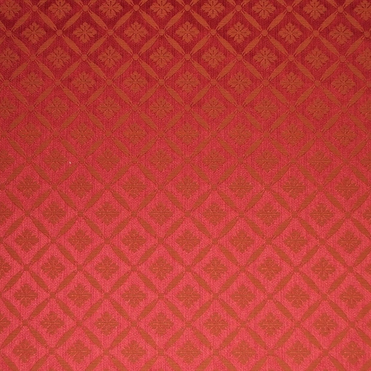 Blenheim Lattice Fabric Claret with intricate damask trellis pattern in rich red tones, ideal for upholstery and curtains. Flame retardant textile.