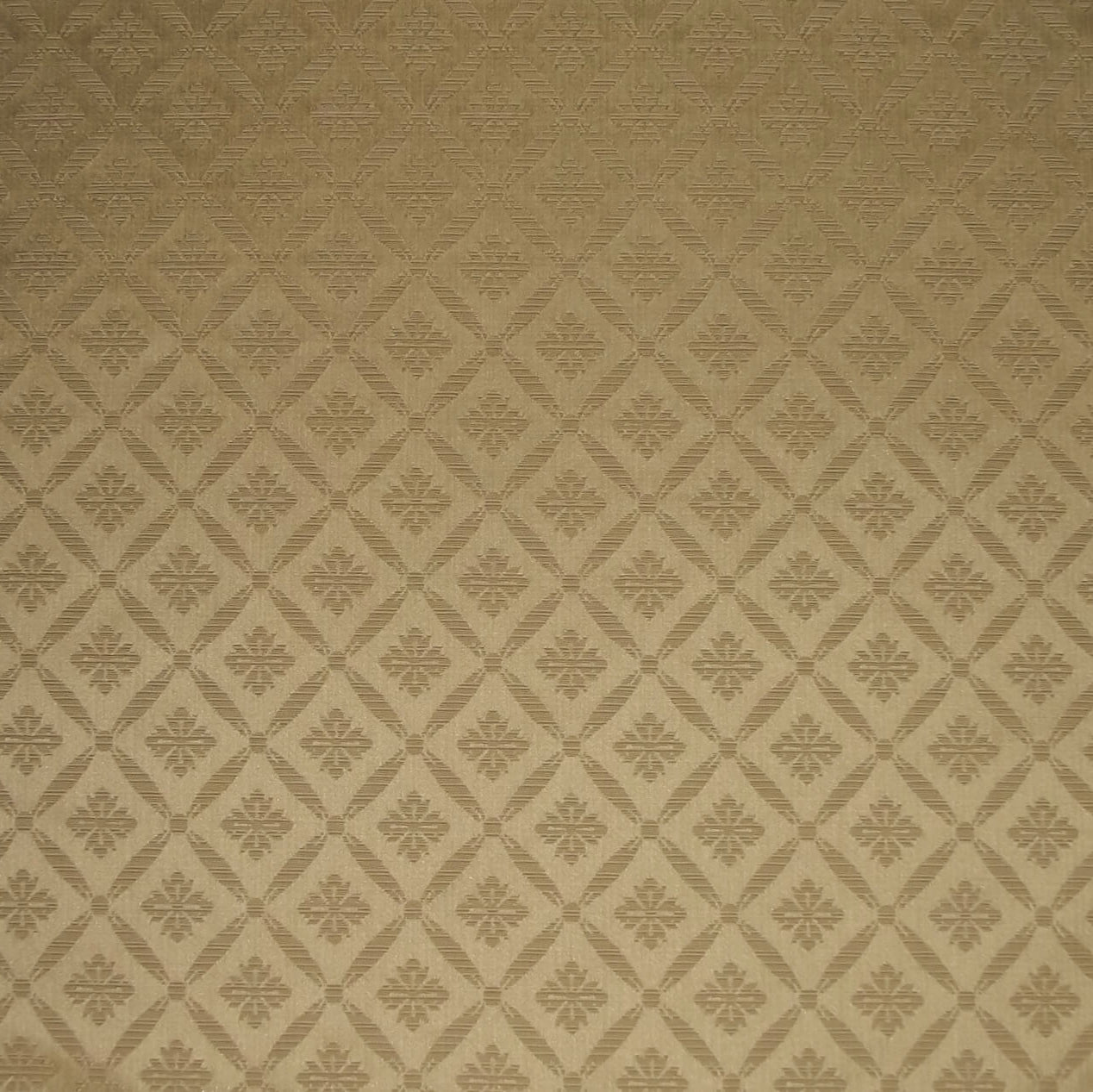 Blenheim Lattice Fabric Cream with a classic damask trellis pattern in gold tones, ideal for upholstery and curtains. Flame retardant textile.