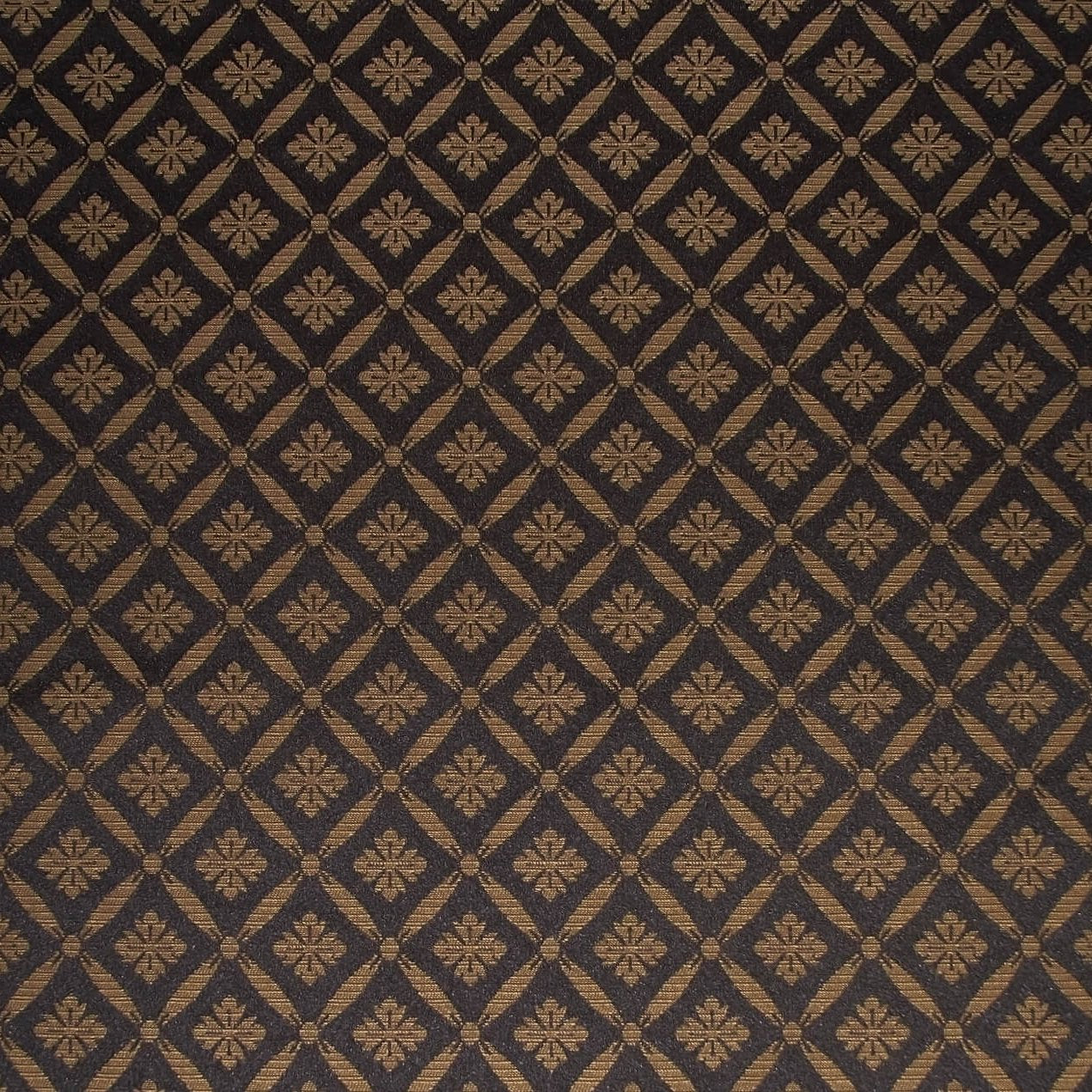 Blenheim Lattice Fabric Noir with gold damask trellis pattern, ideal for flame-retardant upholstery and curtain applications.