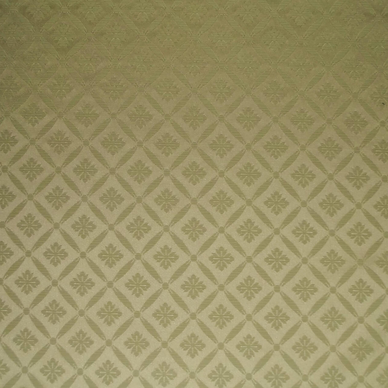 Blenheim Lattice Fabric Sage with a classic damask trellis pattern in gold tones, ideal for flame-retardant upholstery and curtains.