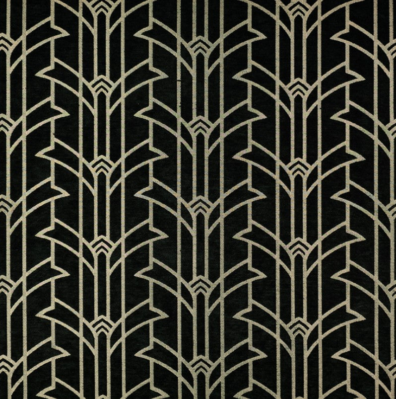 Rhythm Basie Art Deco fabric in black and silver chenille with a luxury geometric pattern. Perfect for crafting and interior design projects.
