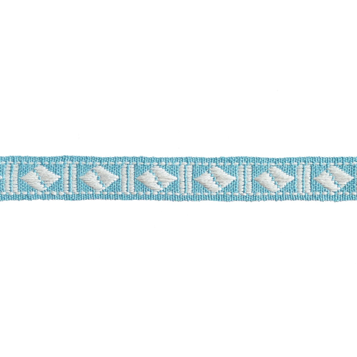 Blue and white woven braid trim on a white background