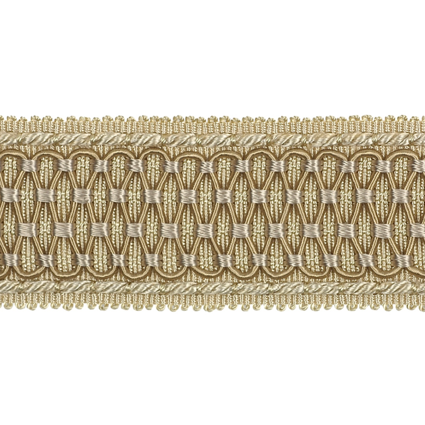 Decorative fabric trim with gold and silver pattern on a white background