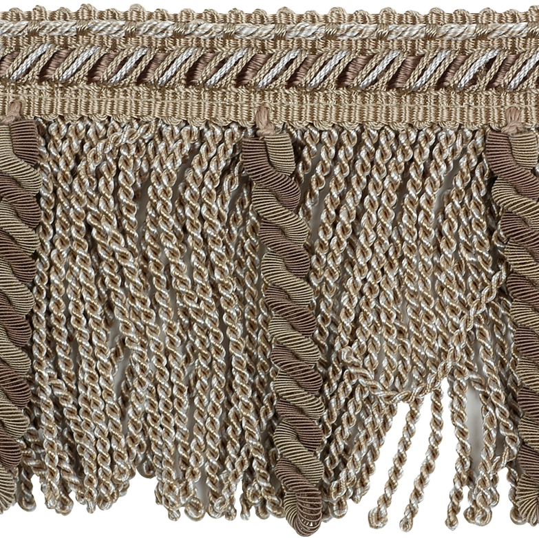 Close-up of braided beige fabric with fringes on a white background