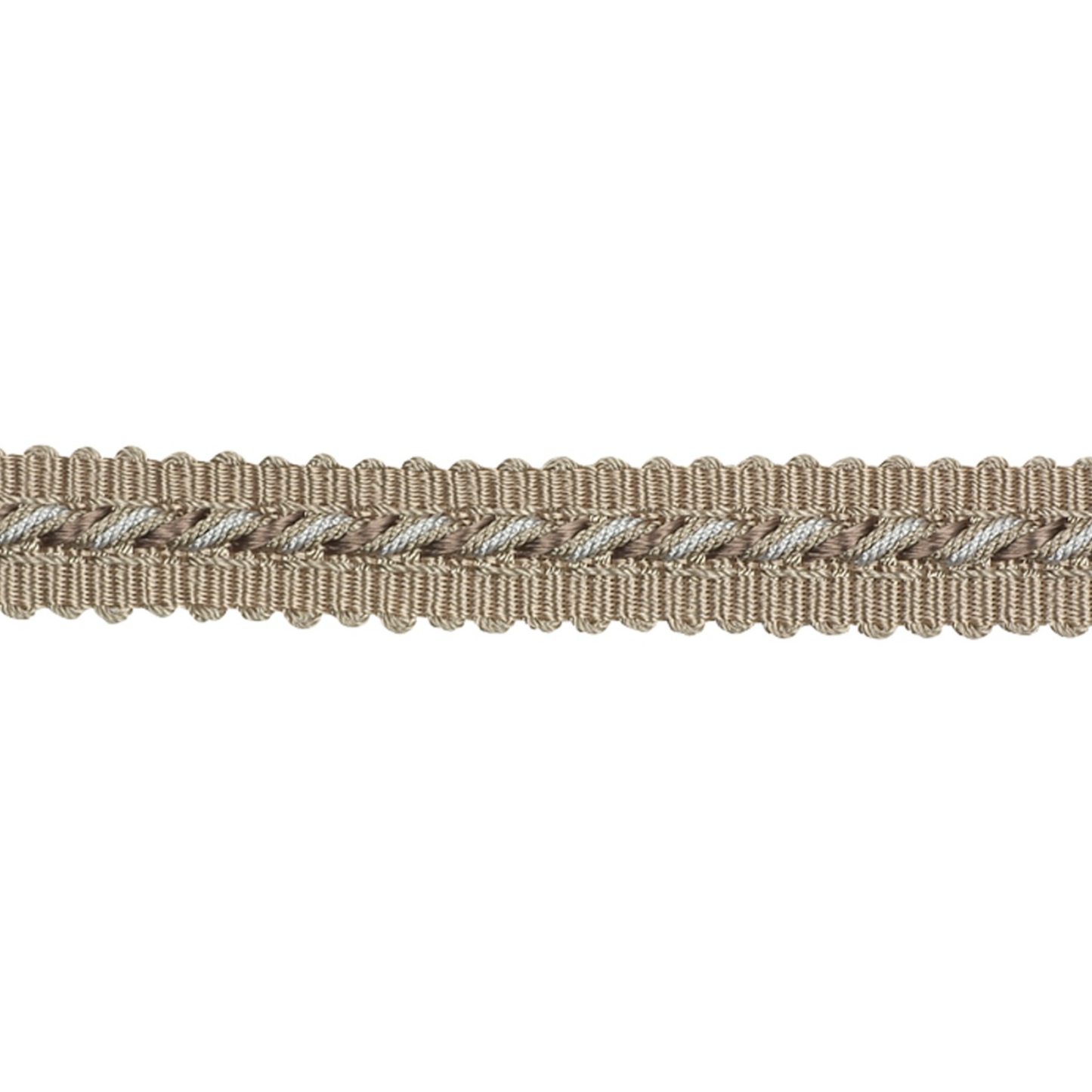 Narrow braided ribbon in beige color on a white background