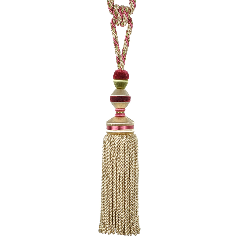 Decorative tassel with braided rope and multicolored bead on a white background