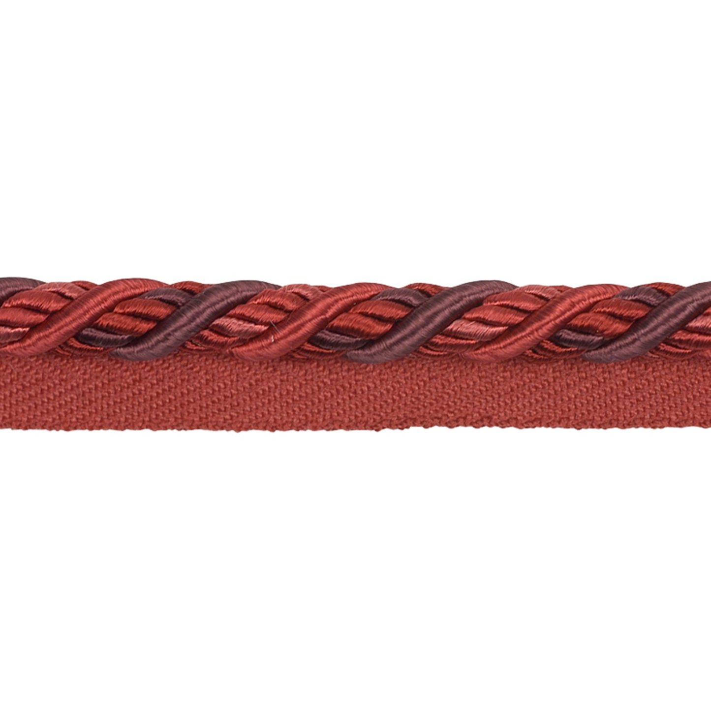 Close-up of a braided red and brown ribbon on a white background