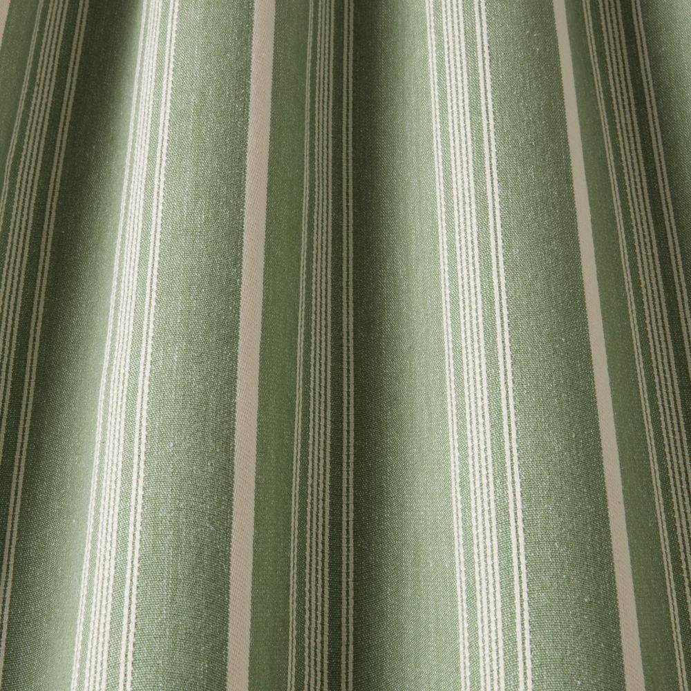 Close-up of Benedict Woven Stripe Thyme cotton fabric showing textured green and cream stripes, perfect for blinds and home décor projects.