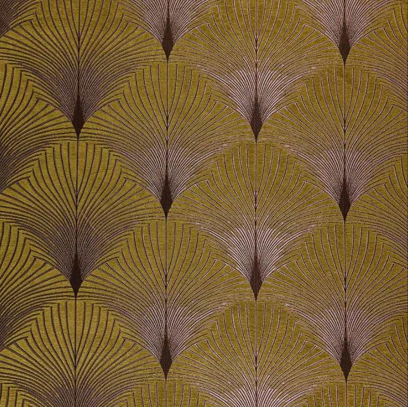 Jazz Cental art deco fabric in chenille with intricate gold and yellow fan pattern, ideal for upholstery and elegant home décor.