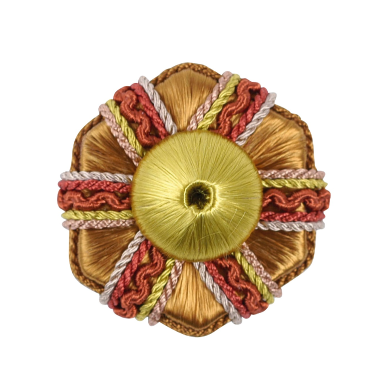 Decorative rosette with multicolored yarn design on a white background