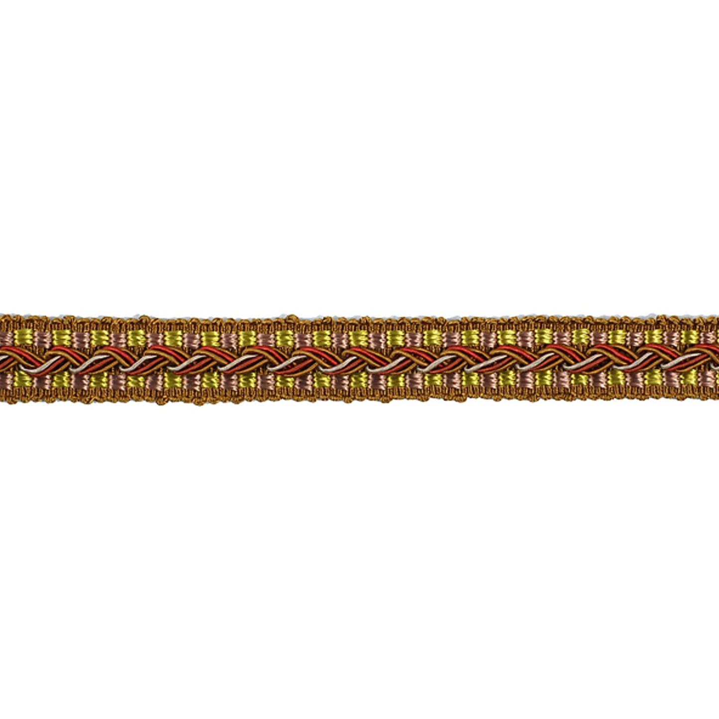 Braided decorative gimp trim with gold and red pattern on a white background