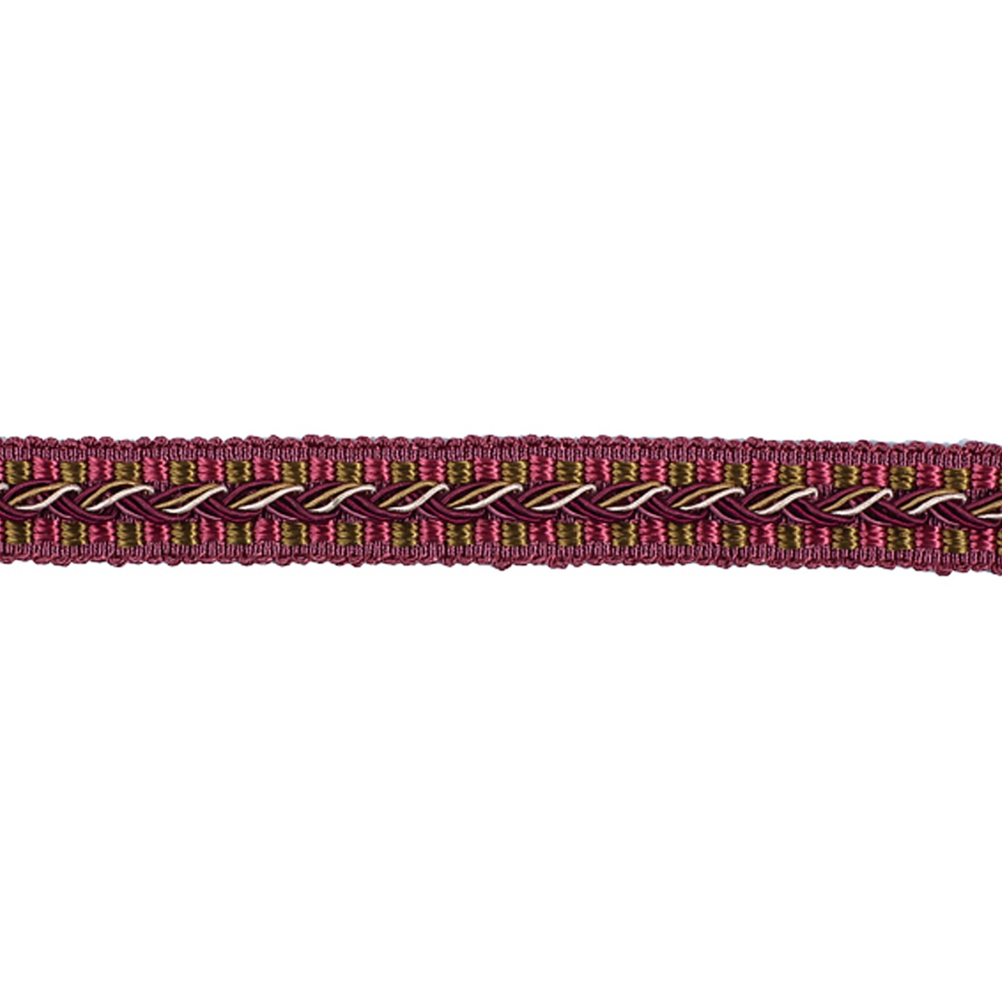 Decorative gimp trim with pink and green pattern on a white background