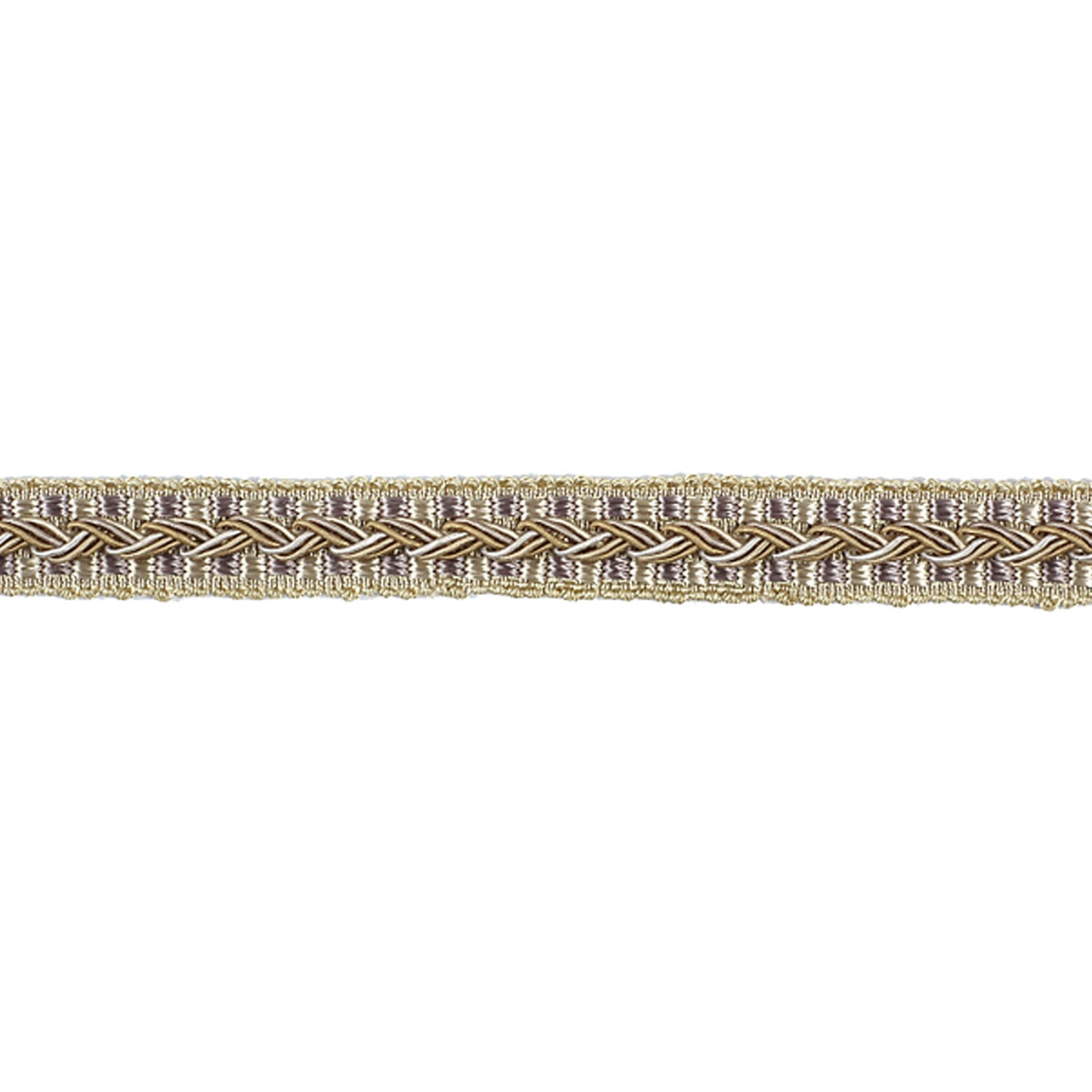 Decorative gimp trim with a braided pattern on a white background