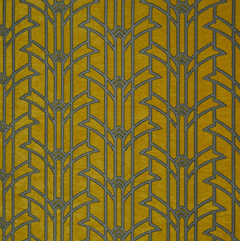 Rhythm Eldridge luxury chenille fabric in yellow with an art deco geometric pattern in silver, ideal for creative arts and crafting projects.