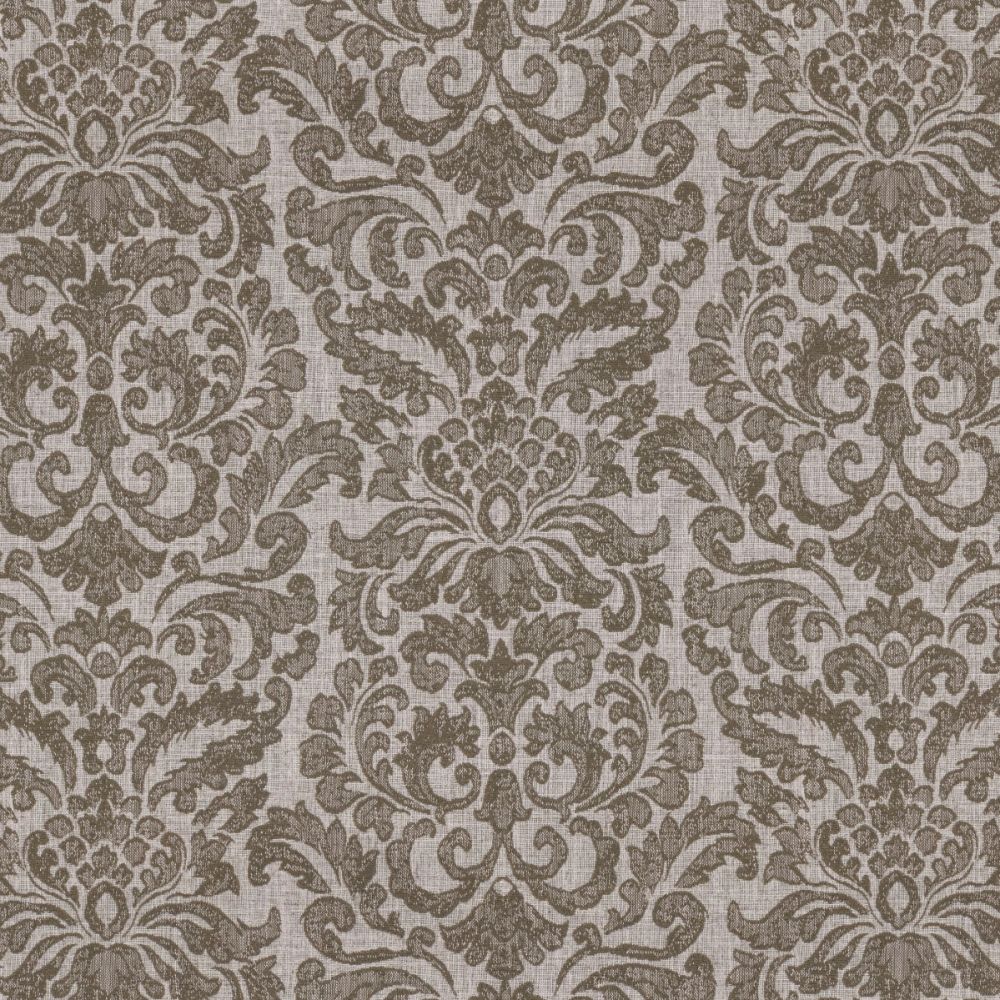 Eleanor Taupe Regency fabric featuring an intricate damask pattern in beige and brown tones on a neutral linen base, ideal for curtains and home décor.