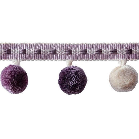 Encanto Pom Pom Fringe Heather decorative curtain trim featuring a braided design with alternating purple and cream pom poms for home décor.