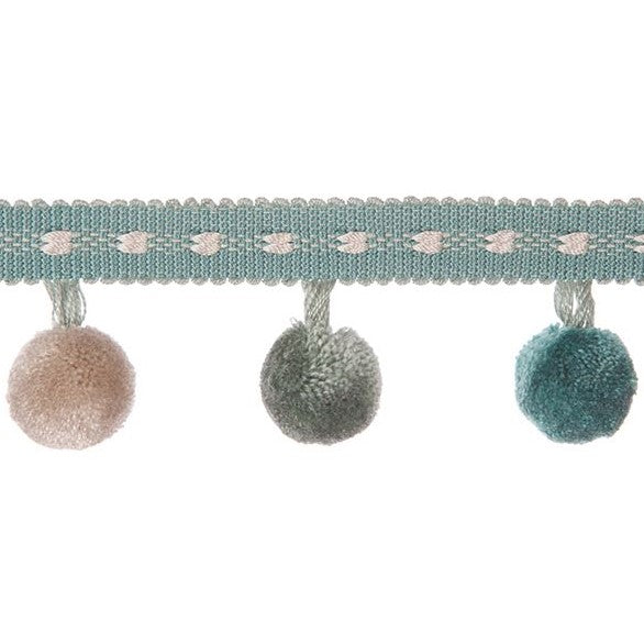 Encanto Pom Pom Fringe Turquoise with alternating beige, green, and turquoise pom poms on a braided trim. Perfect for decorative curtain accents.