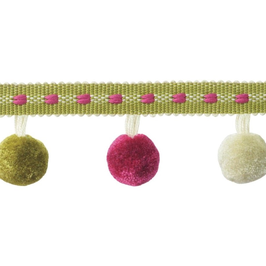 Encanto Pom Pom Fringe Tutti Frutti with braided design featuring alternating green, pink, and cream pom poms for home décor.