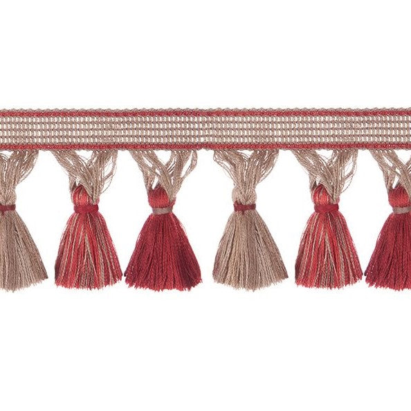 Encanto Ruby Tassel Fringe in red and beige tones, perfect for decorative fabric trims and home accessories. Elegant embellishment for custom designs.