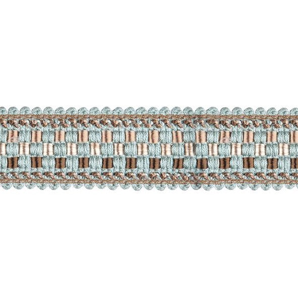 Encanto beaded fringe trim in duck egg colour with intricate braid detailing, perfect for curtain accessories and fabric embellishments.