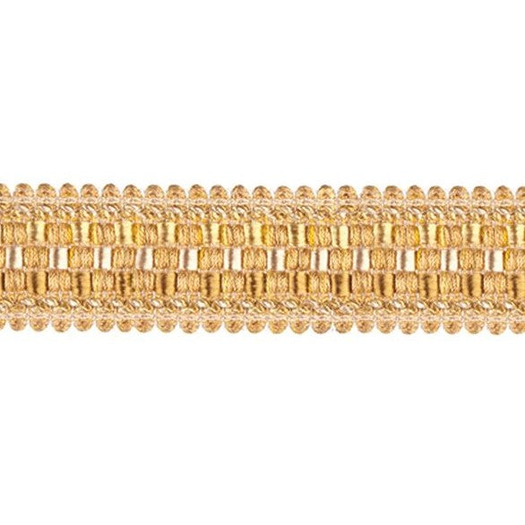 Encanto Beaded Fringe in gold with intricate braid trim design, ideal for curtain accessories and fabric customisation in home décor.