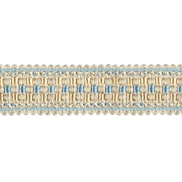 Encanto beaded fringe trim in sky blue and beige tones, ideal for curtain embellishments and fabric customisation in home décor.