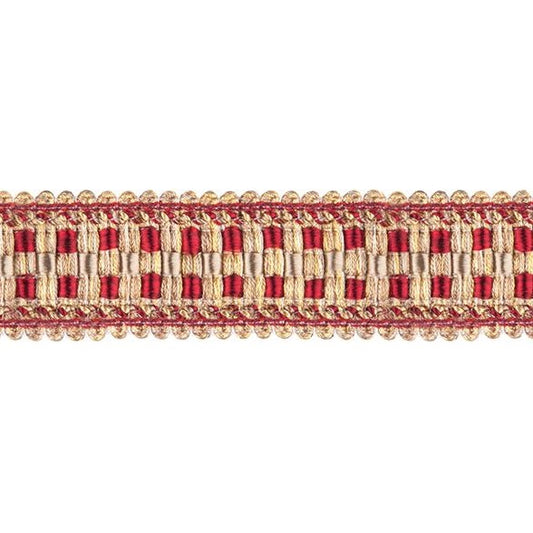 Florence Braid Trim Wine in red and gold tones, ideal for curtain embellishments and fabric treatments in home décor projects.