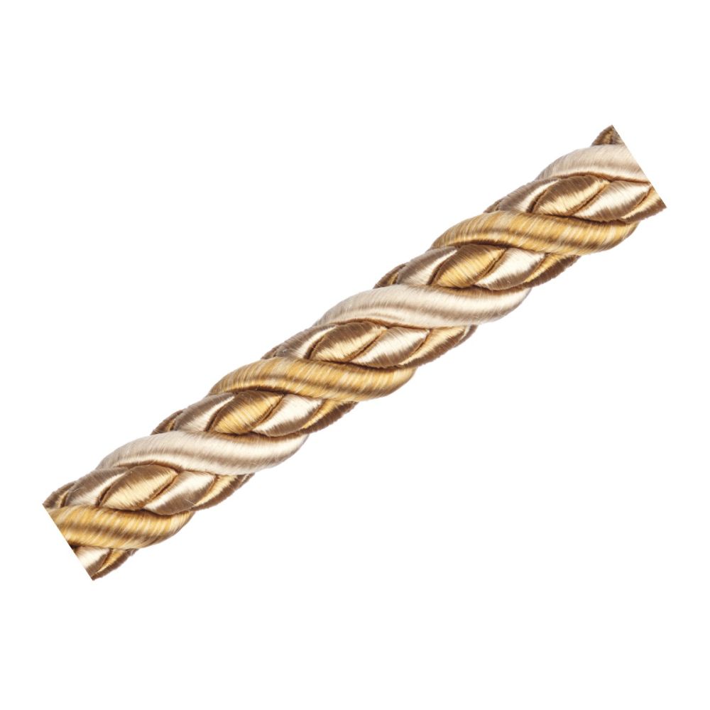 Florence Cord Trim Gold with braided design in gold, cream, and brown tones. Ideal for curtain accessories and decorative fabric trims.