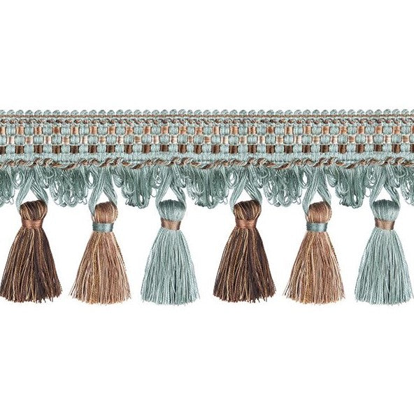 Florence Tassel Fringe Duck Egg trim featuring intricate woven detailing in duck egg blue and brown tones, ideal for curtain embellishments.