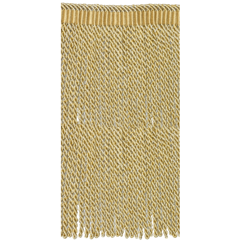 Gold fringe fabric sample on a white background