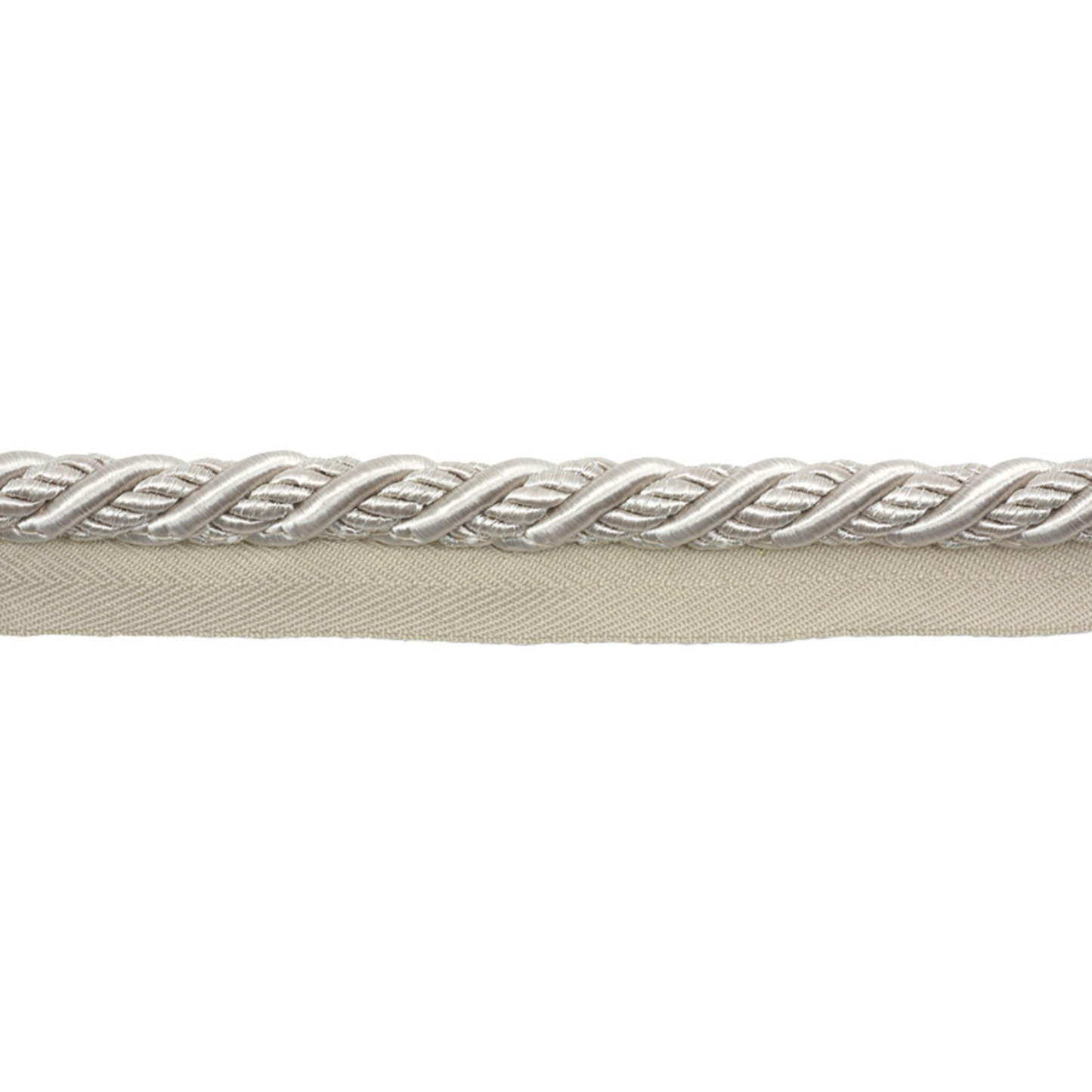Silver braided trim on a beige fabric background