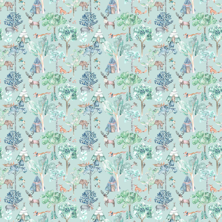 Junior Forest Fabric Aqua with detailed woodland animals, trees, and teepees, perfect for child-friendly interior design projects.