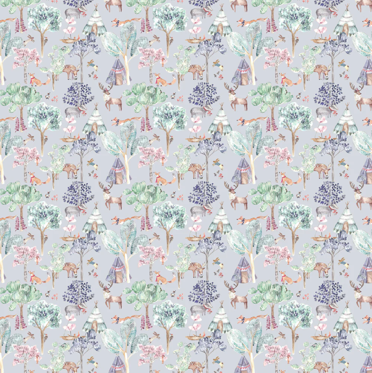 Detailed Junior Forest Fabric Oat showcasing a whimsical woodland print with animals, trees, and teepees. Perfect for child-friendly interiors.
