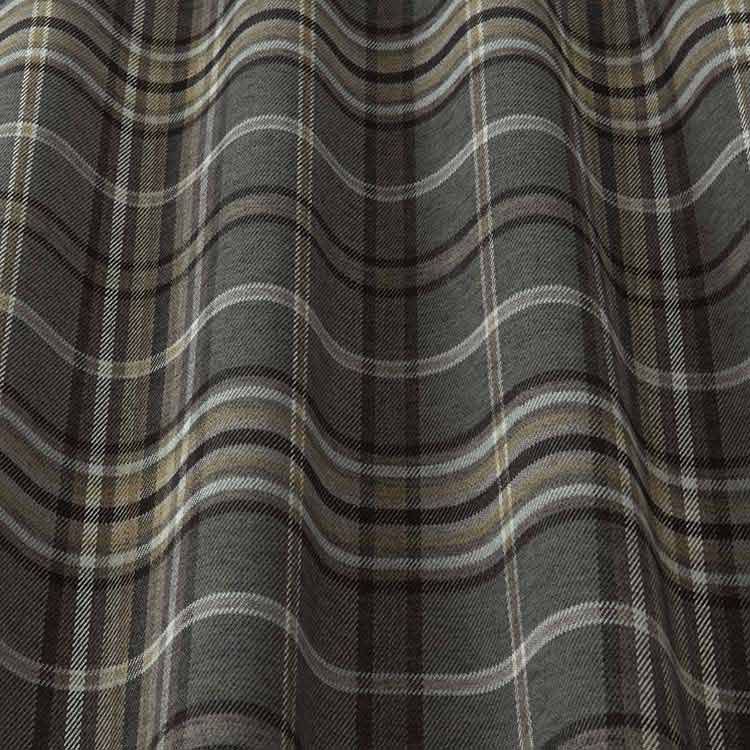 Close-up of Glenmore Contract Check Granite tartan fabric with a textured plaid design, showcasing its stain-resistant properties.