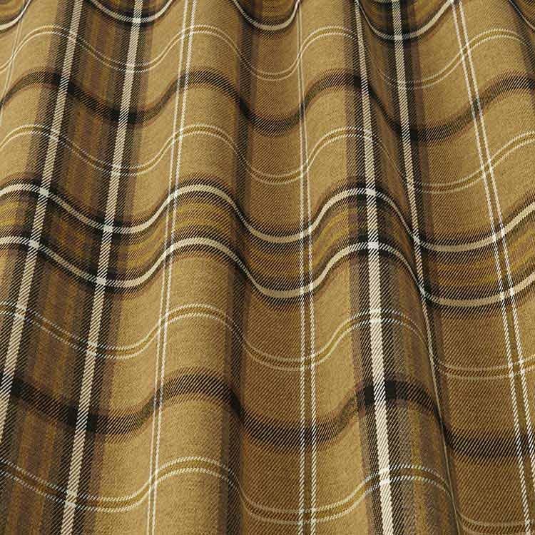 Close-up of Glenmore Contract Check Mustard tartan fabric showcasing its textured weave and stain-resistant design. Perfect for upholstery or decor.
