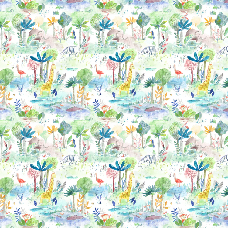 Wild print Junior Go Wild fabric with colourful jungle animals and lush greenery, perfect for interior design projects and children's room décor.