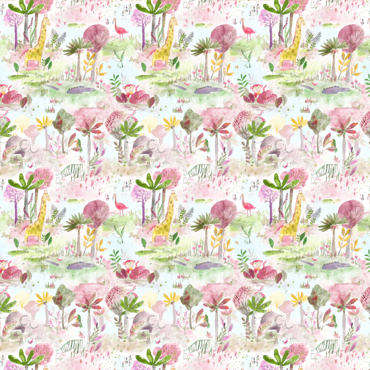 Riva Junglefun Junior Go Wild fabric in dusk with colourful animal and jungle patterns, perfect for home and garden interior design projects.