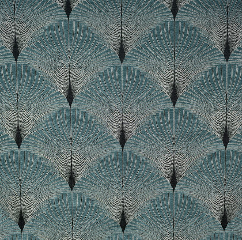 Jazz Greenwich art deco fabric in teal and silver chenille with intricate fan-shaped patterns, ideal for upholstery and crafting projects.