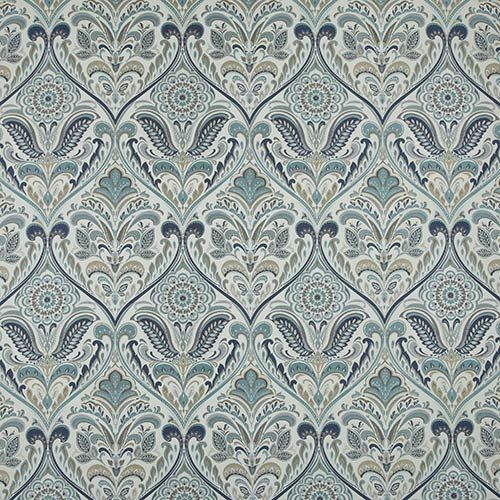Lawrence Prussian damask fabric featuring a repeating arts and crafts floral pattern in blue, perfect for home and garden use.