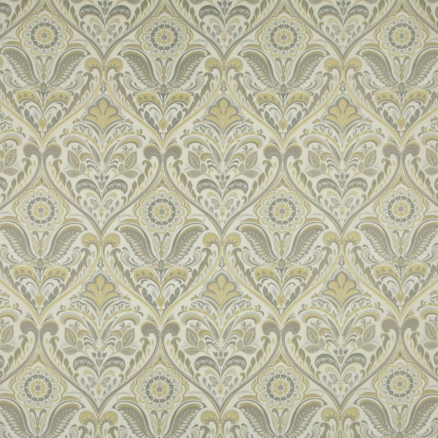 Lawrence Sand floral curtain fabric featuring a repeating arts and crafts damask pattern in muted gold and grey, perfect for home interiors.