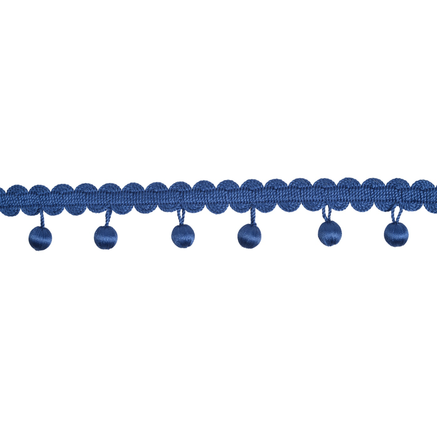 Navy blue lace trim with spherical embellishments on a white background