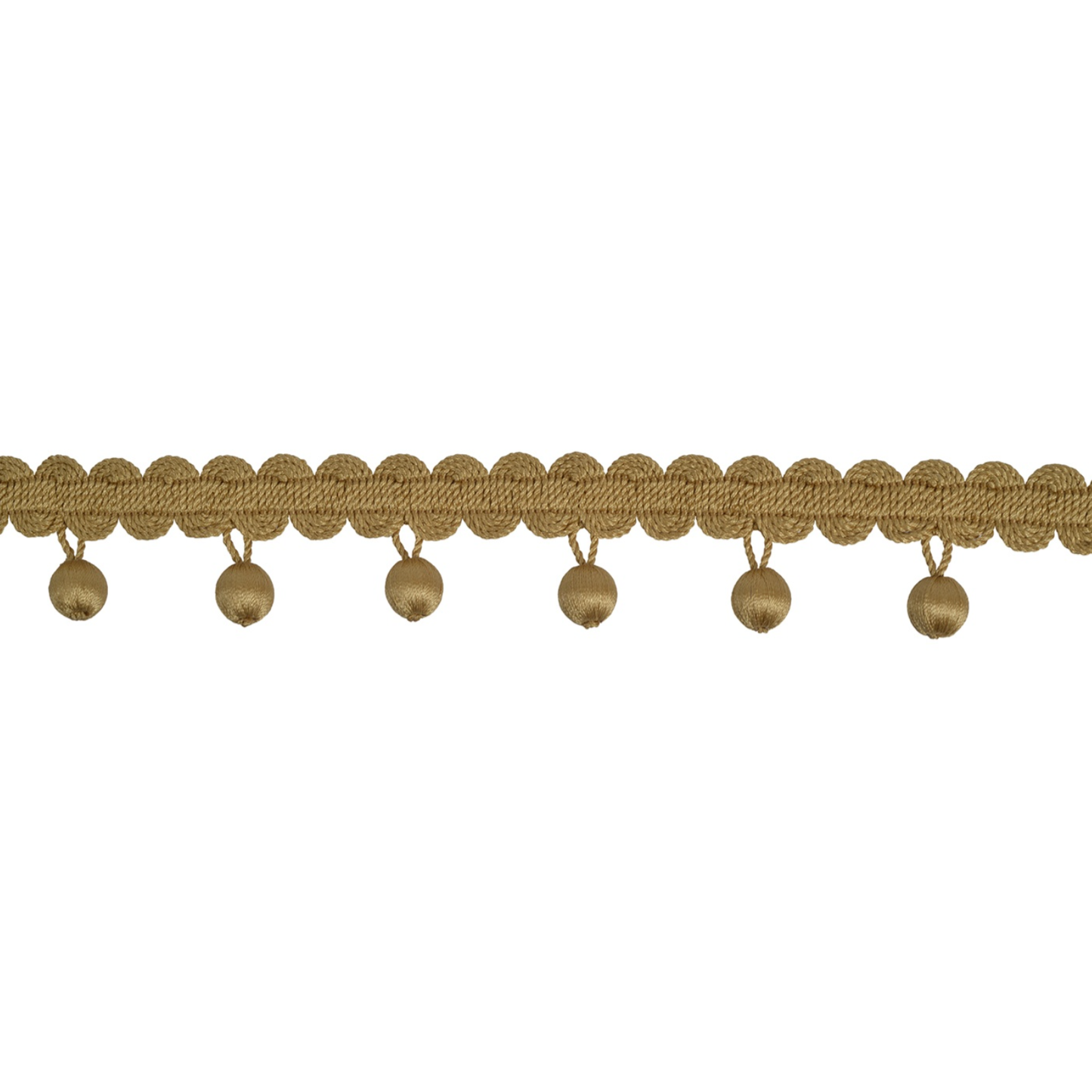 Decorative gold trim with spherical embellishments on a white background