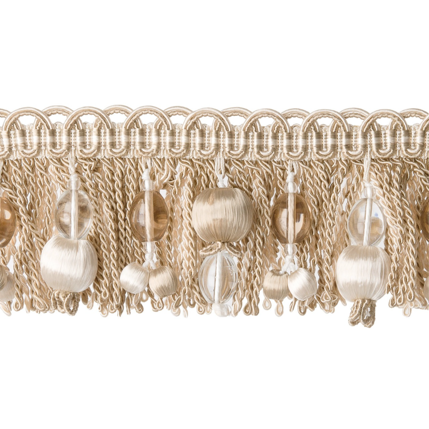 Decorative trim with braided design and spherical beads on a white background