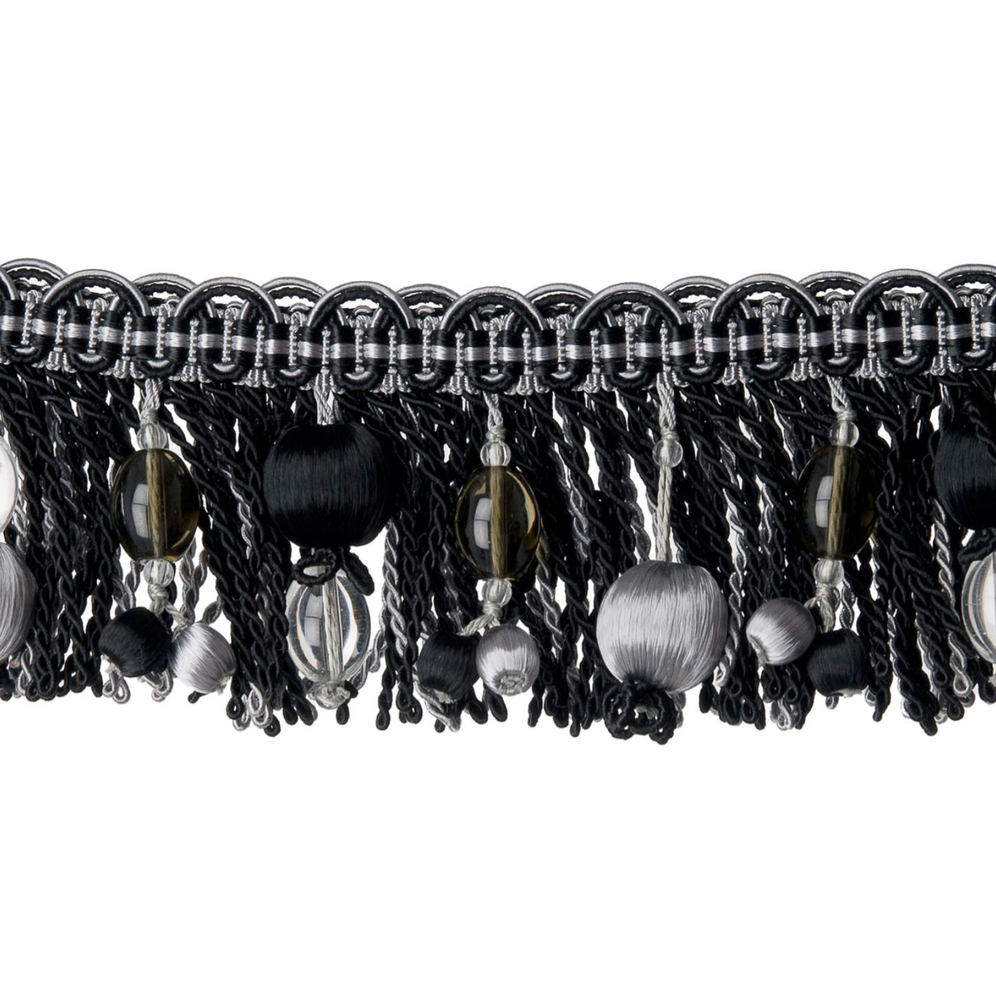 Close-up of decorative trim with beads and tassels on a white background