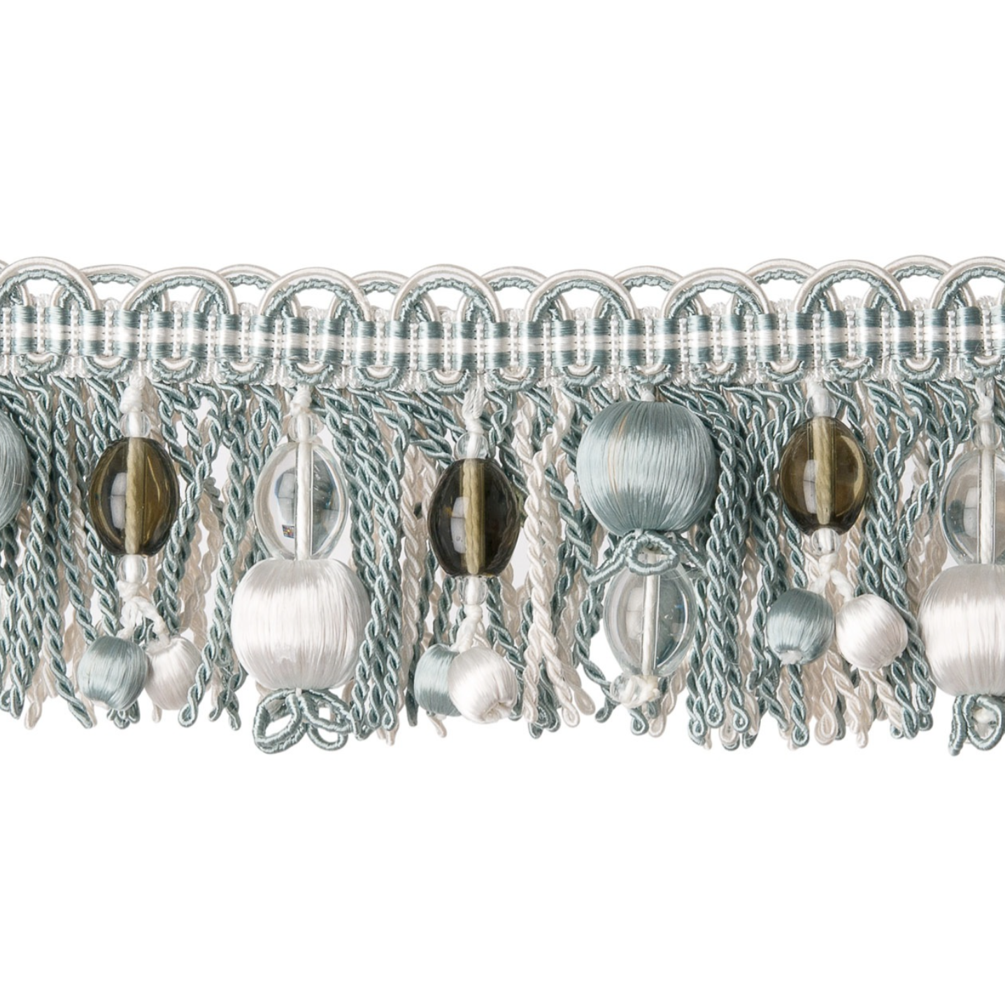 Decorative border with metallic and glass beads on a white background